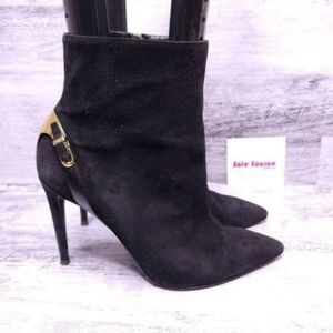 Ralph Lauren Collection Italian Suede Heeled Ankle Boot Black Gold Women's sz 10